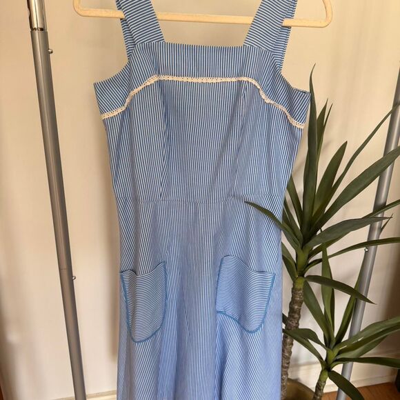 Dresses & Skirts - Vintage Blue & White Pinafore-Style Stripe Dress – Coastal Euro Summer Picnic